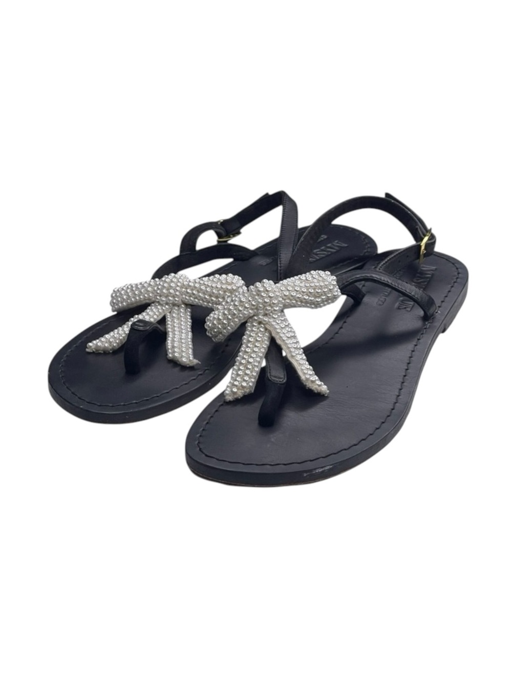 Mystique x Stephanie Gottlieb 𞠬 Liza Pearl Bow Flat Sandals 𞠬 Black Leather 𞠬 - Picture 7 of 16